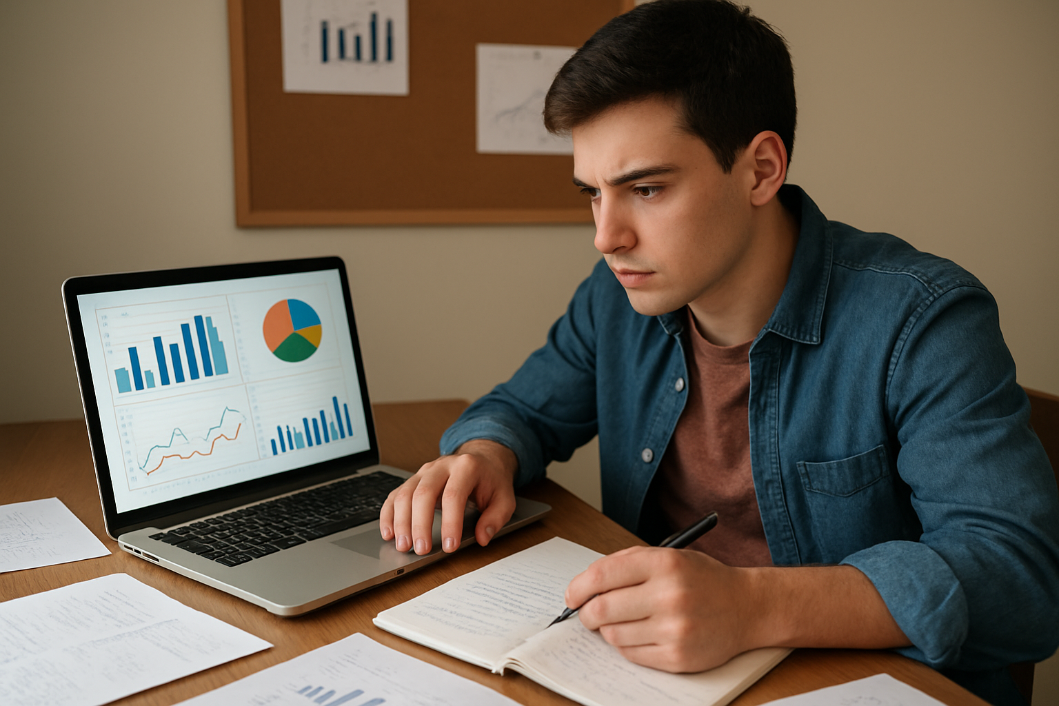 Student preparing for GMAT Integrated Reasoning section with charts and laptop